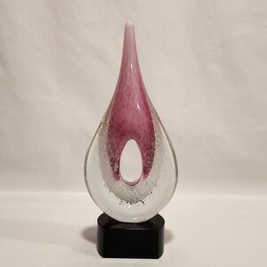 Art Glass Teardrop Sculpture Pink Controlled Bubble Bullicante Handblown 11.5"